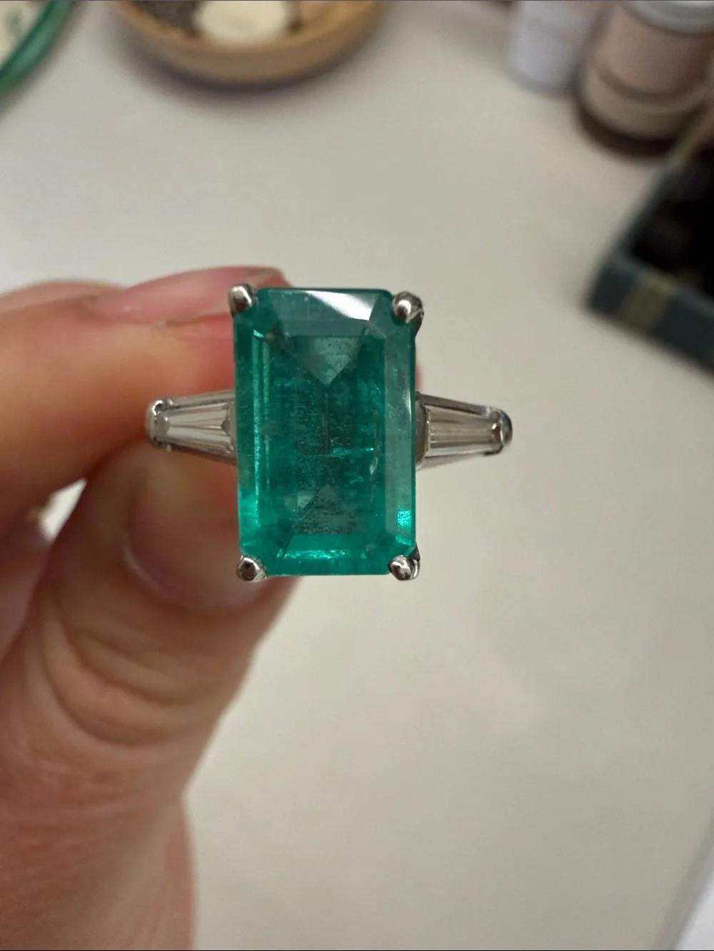 Platinum 2.54 carat Brazilian emerald ring with diamond accents